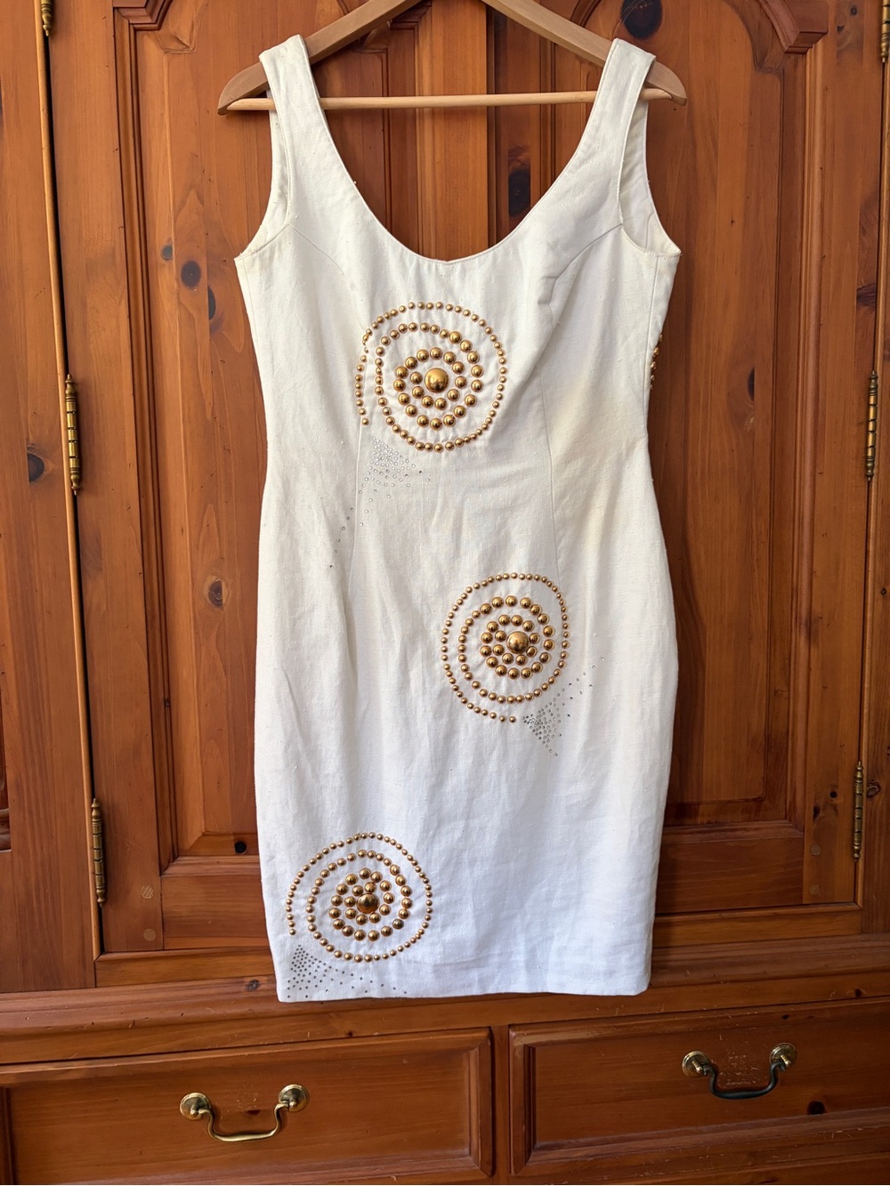Neiman Marcus White Sleeveless Mini Dress with Gold Spiral Studs